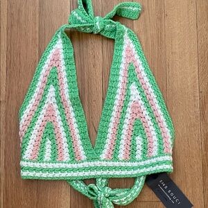 NWT Sans Souci Green, Pink & White Crochet Halter Crop Top Large